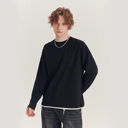 Men's Long-Sleeved Loose Round Neck Contrast Color T-Shirt