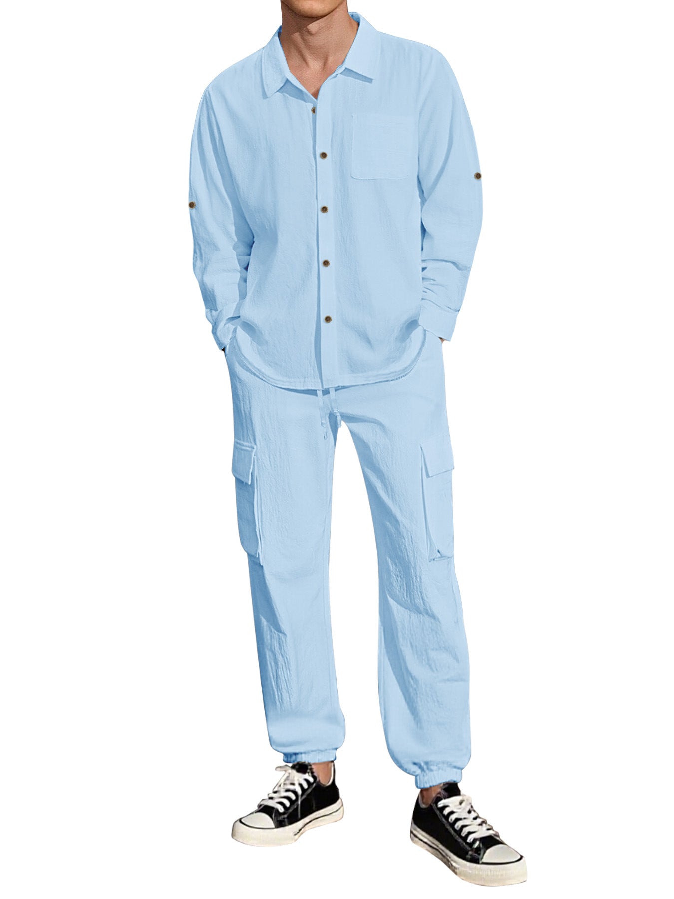 Long Sleeve Lapel Linen Shirt Overalls Suit
