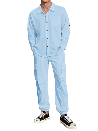 Long Sleeve Lapel Linen Shirt Overalls Suit