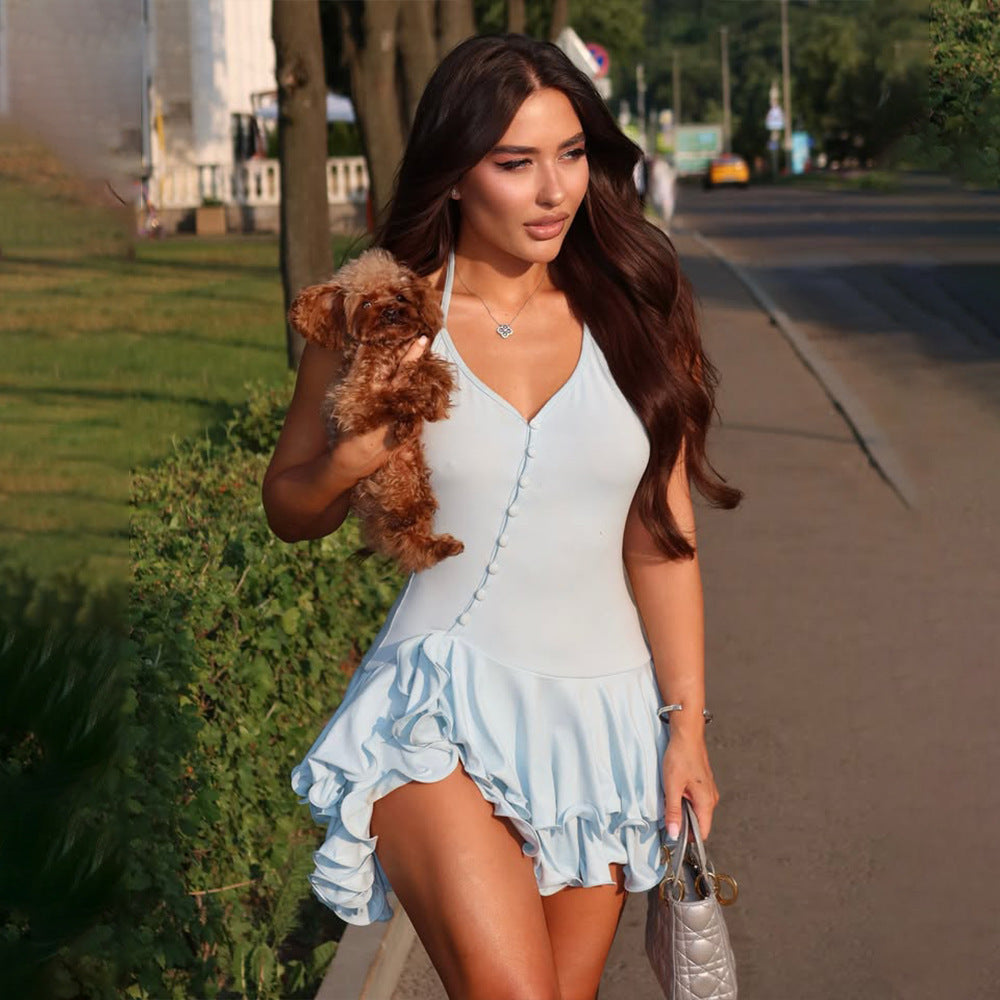 Summer New Halter Ruffled Single-breasted Design Dress