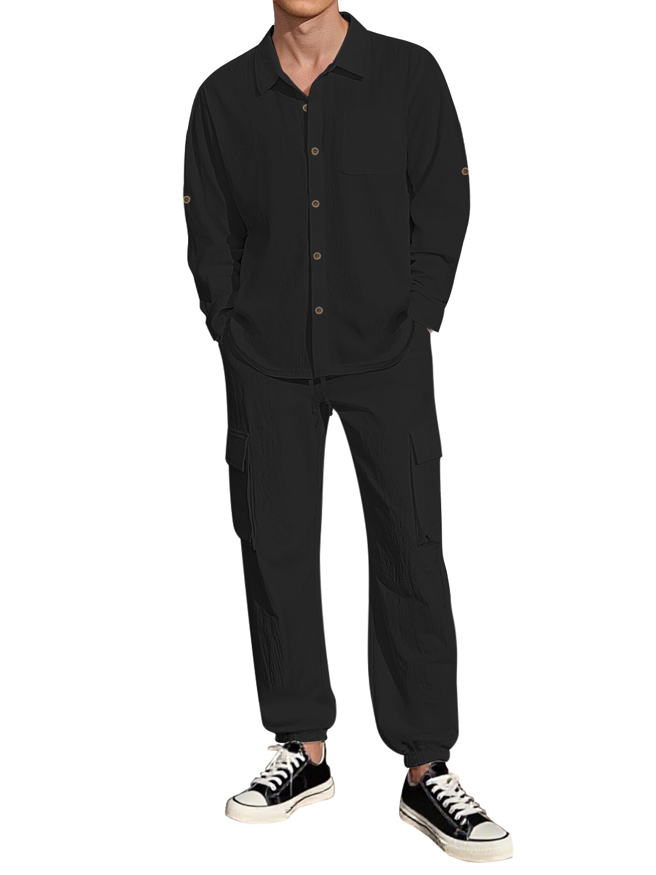 Long Sleeve Lapel Linen Shirt Overalls Suit