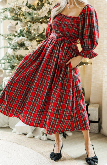 Green Tartan Plaid Square Neck Puff Sleeve Knot Waist Flared Midi Dress