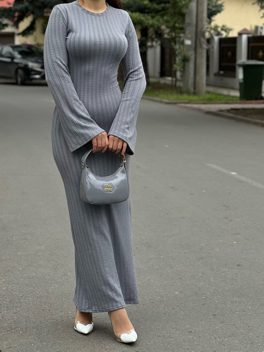 Grey Ribbed Knit Maxi Dress With Long Sleeves