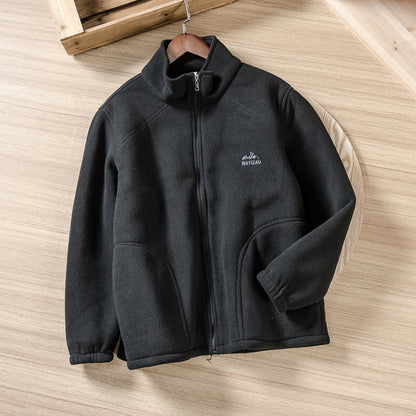 Men's Embroidered Polar Fleece Jacket, Solid Color, All-match Casual