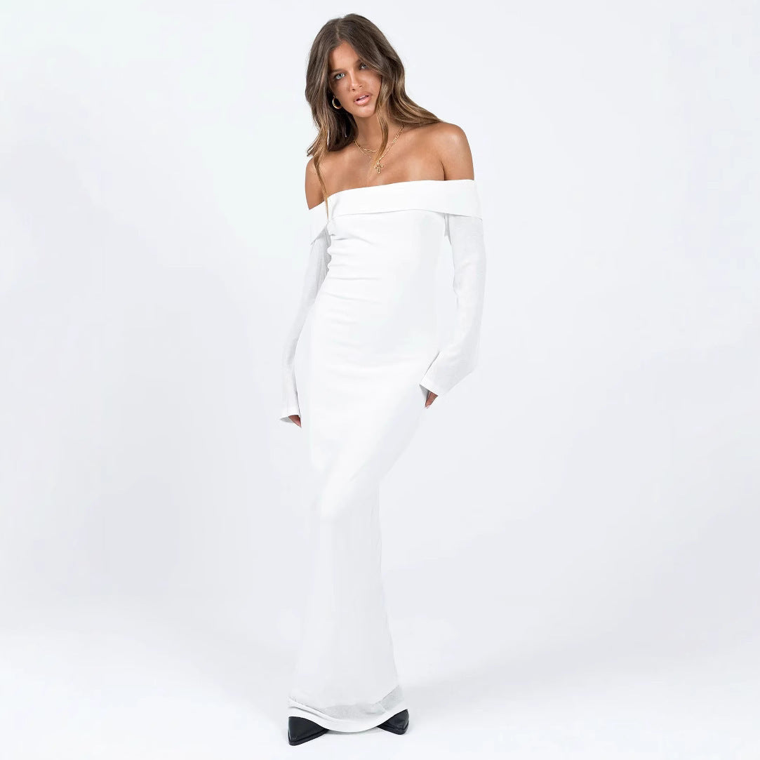 Fashion Personalized Off-shoulder Solid Color Sexy Slim Dress