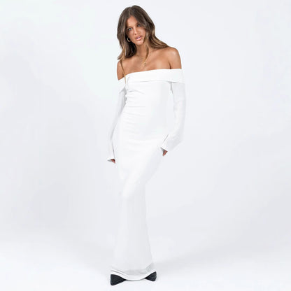 Fashion Personalized Off-shoulder Solid Color Sexy Slim Dress