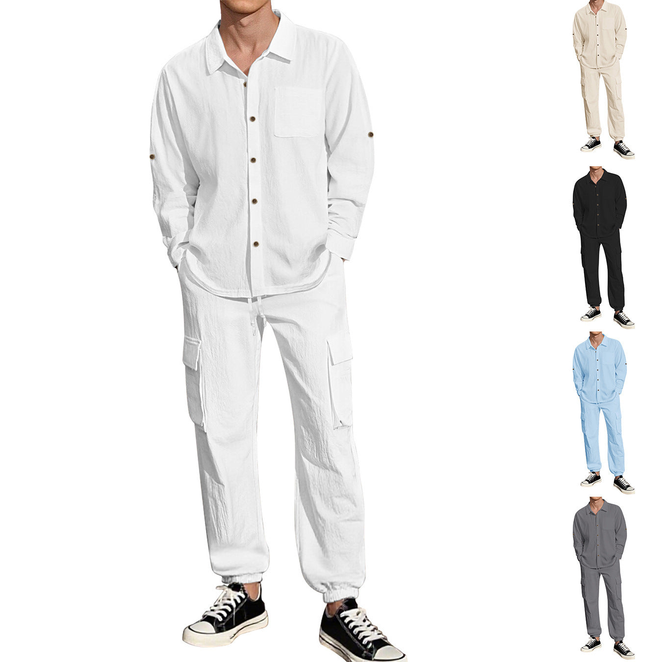 Long Sleeve Lapel Linen Shirt Overalls Suit