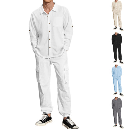 Long Sleeve Lapel Linen Shirt Overalls Suit
