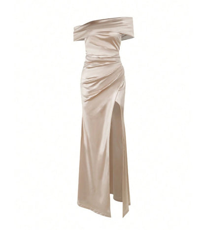 Elegant Off Shoulder Satin Slit Dress, Wedding Extra Long Formal Gown, Christmas Party Dress, Bridesmaid Dress