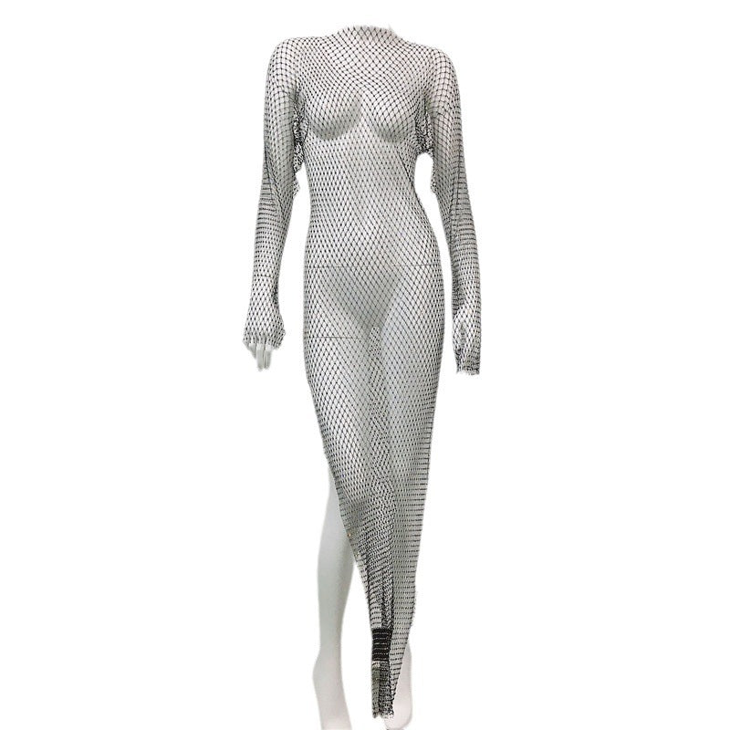 Women's Rhinestone Fishnet Mesh Sexy Slit Fishnet Dress