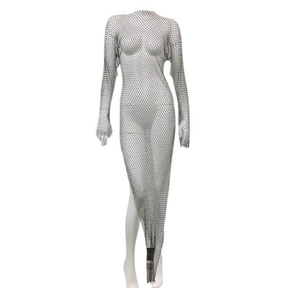Women's Rhinestone Fishnet Mesh Sexy Slit Fishnet Dress