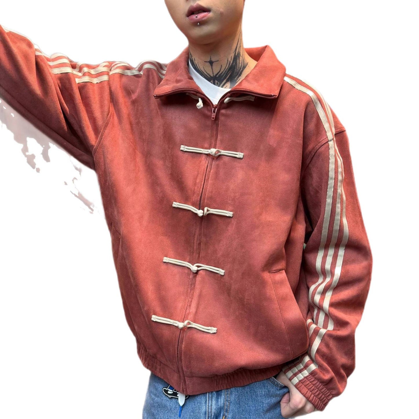 Suede Stand Collar Buckle Jacket For Men