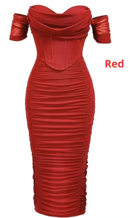 Cold-shoulder Bodycon Corset Pleated Mid-length Dress