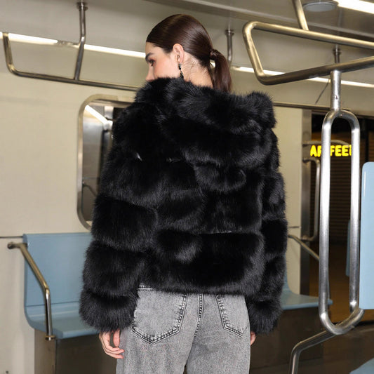 Black Faux Fur Short Hood Jacket