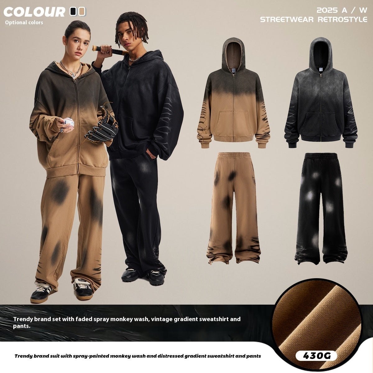 Ternos Hooded Monkey Wash Washed And Worn Gradient Sweater Pants Men