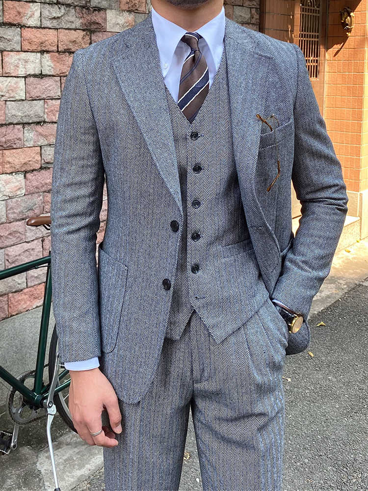 Men's Autumn Winter Retro Herringbone Wool Slim Fit Suits