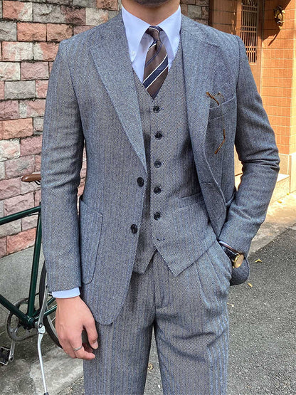 Men's Autumn Winter Retro Herringbone Wool Slim Fit Suits