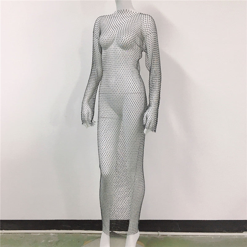 Women's Rhinestone Fishnet Mesh Sexy Slit Fishnet Dress