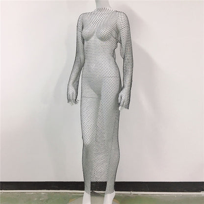 Women's Rhinestone Fishnet Mesh Sexy Slit Fishnet Dress