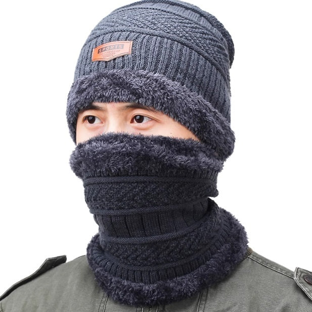 Men's Winter Hat, Warm Ear Protection, Fleece Knitted Hat, Thickened Scarf, Two-Piece Set