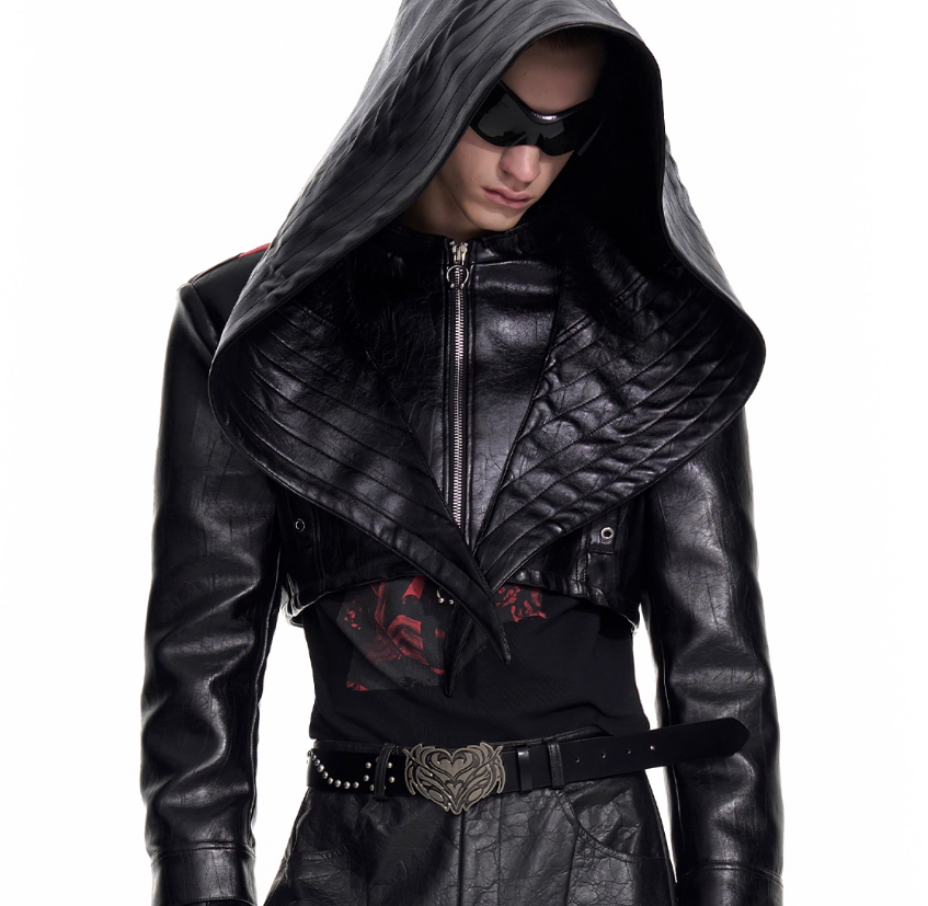 Men's Autumn Red Leather Jacket with Stitching Short Leather Jacket