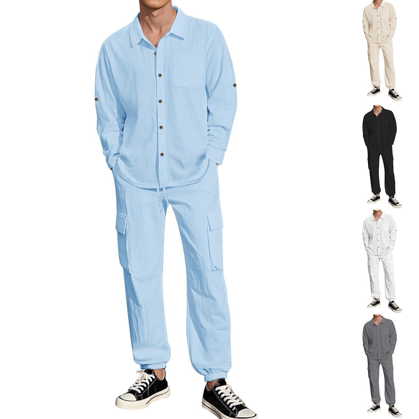 Long Sleeve Lapel Linen Shirt Overalls Suit