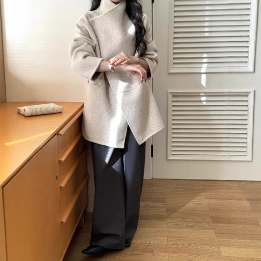 Large Lapel Solid Color One Button Drop-shoulder Sleeve Double-sided Wool Overcoat Coat