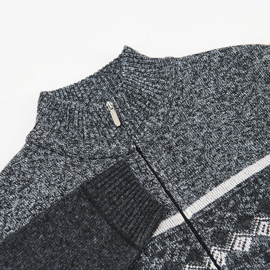 Velvet Thickening Sweater Men's Stand Collar Assorted Colors Retro Jacquard Knitted Cardigan