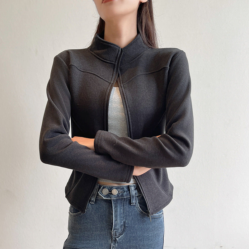 Women's Stand Collar Short Coat Cashmere Hoodie Plus Velvet Thickening