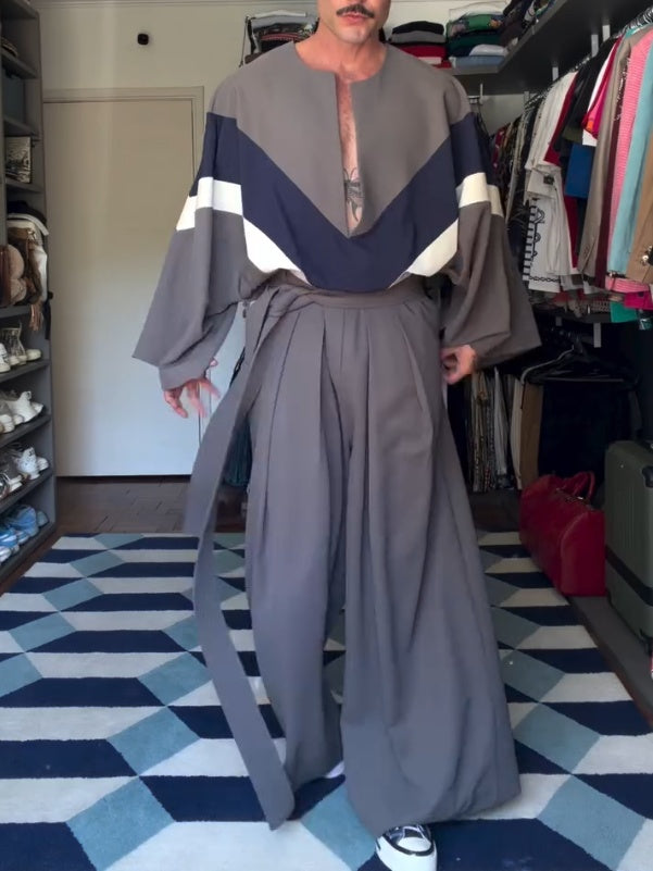 Gray Color-Block Top And Wide-Leg Pants Set 