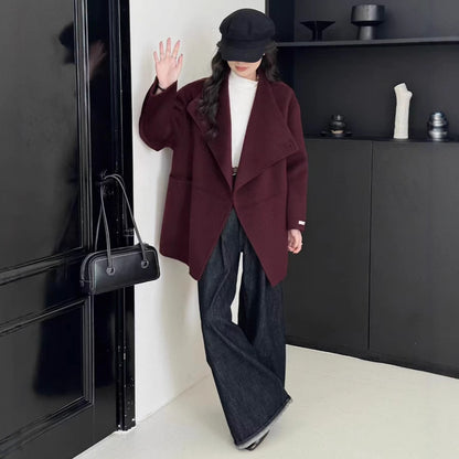 Large Lapel Solid Color One Button Drop-shoulder Sleeve Double-sided Wool Overcoat Coat