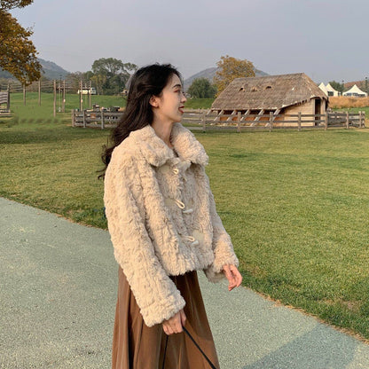 Lamb Fur Coat For Women Horn Button One-piece Loose