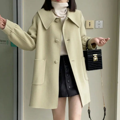 Medium Heart Buckle Slim Fit Woolen Coat Younger Peter Pan Collar Children