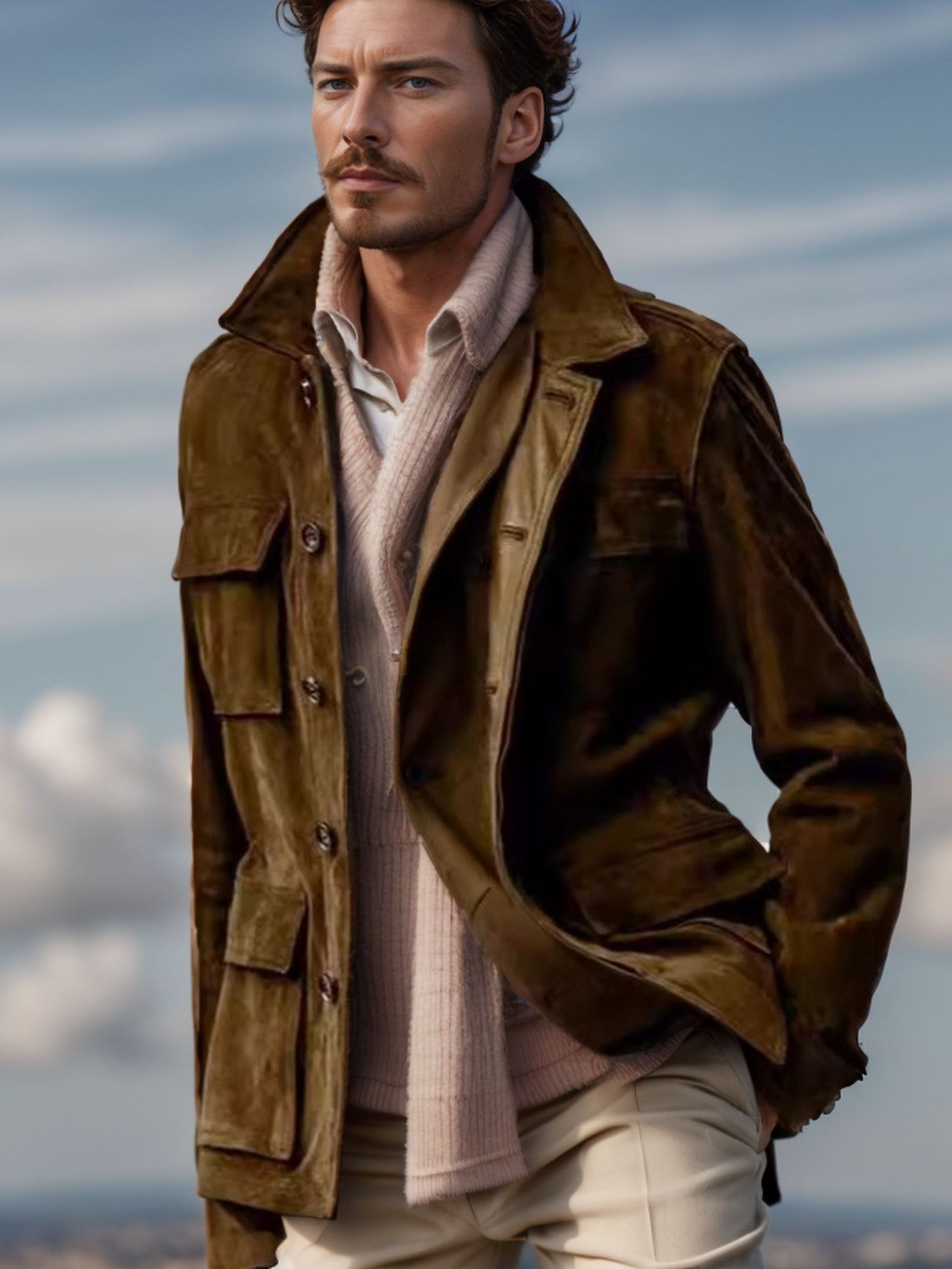 Men's Regular Cowhide Casual Coat And Trench Coat Multi-pocket