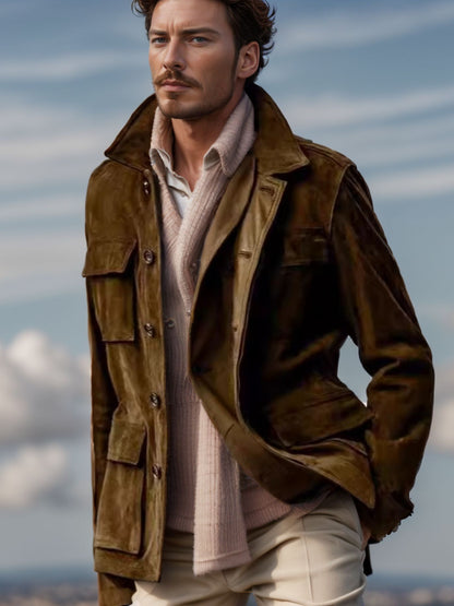 Men's Regular Cowhide Casual Coat And Trench Coat Multi-pocket