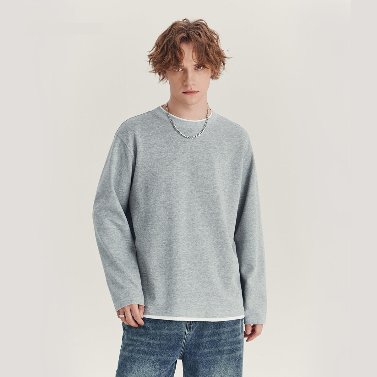 Men's Long-Sleeved Loose Round Neck Contrast Color T-Shirt