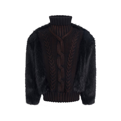 Brushed Lining Thick Fur Patchwork Turtleneck Sweater for Men