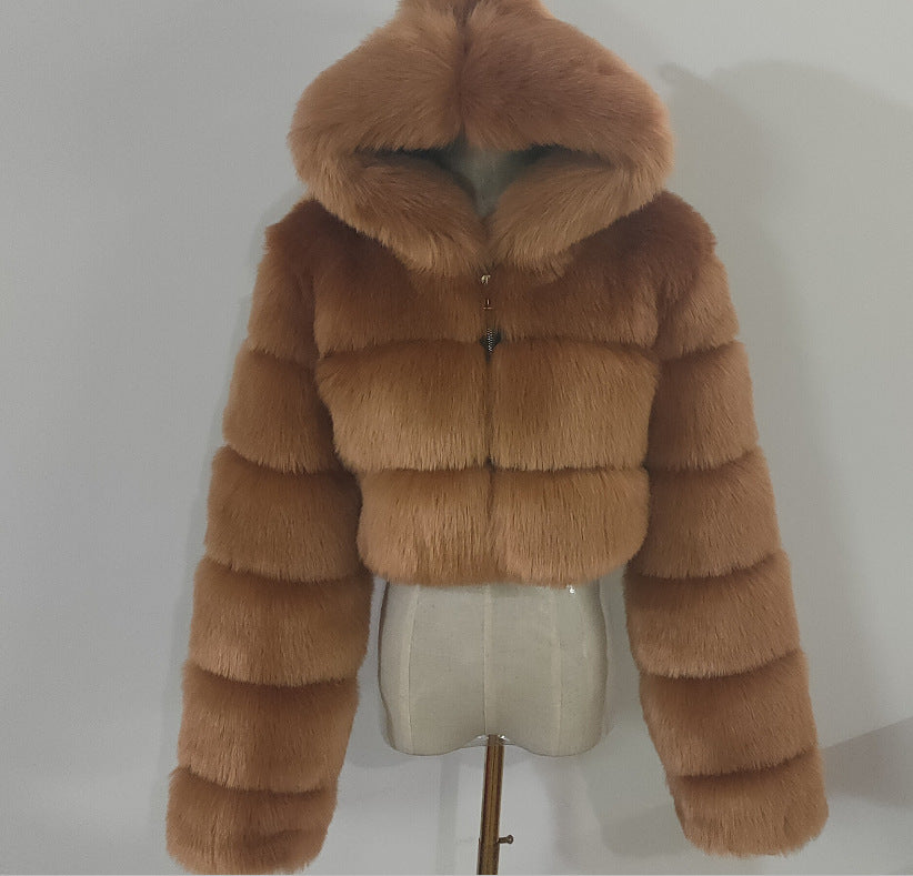 Short Hood Fox Fur Feminino Long Sleeve Stitching Coat