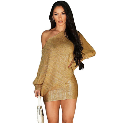 Diagonal Collar Long Sleeve Bronzing Dress European and American Style for Women