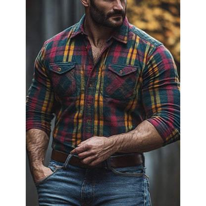 Men's Plaid Printed Fleece-lined Pocket Shirt