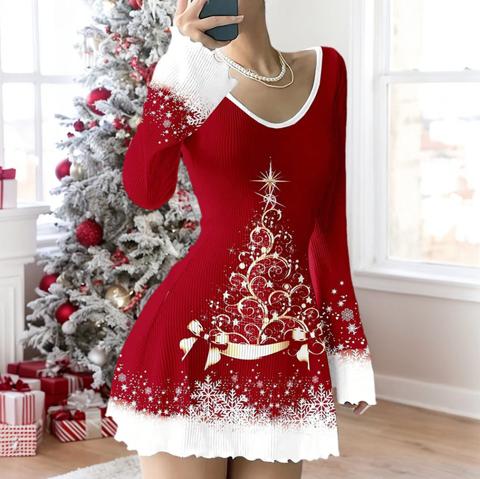 V-neck Stretch Sunken Stripe Christmas Printed Flared Sleeve Dress