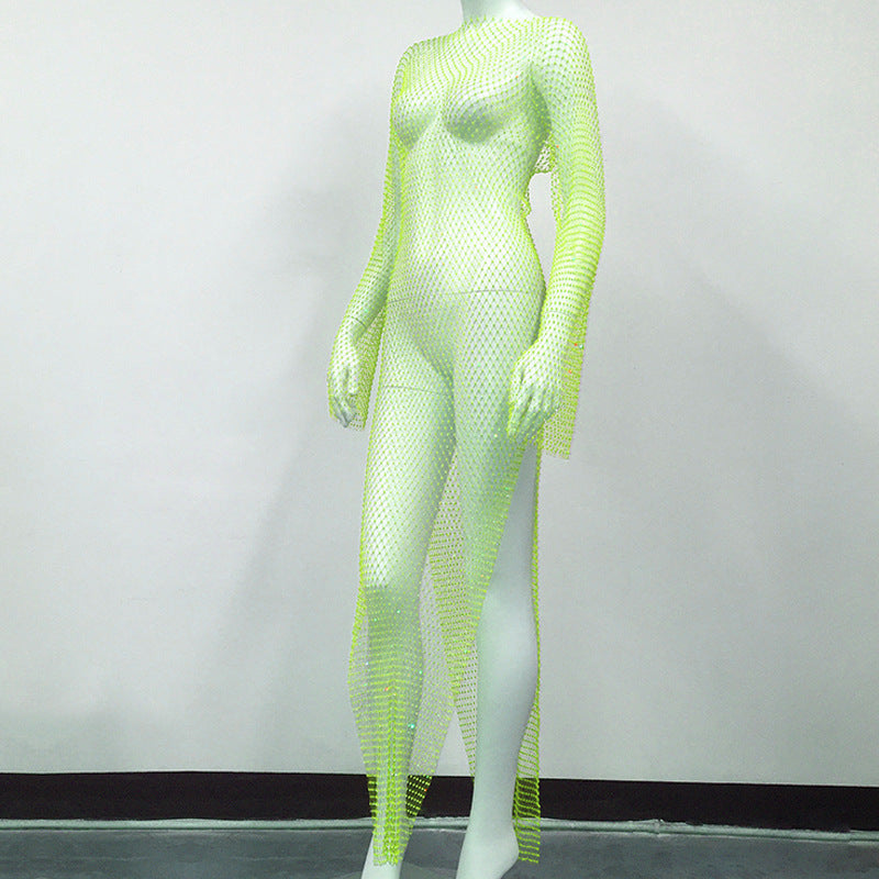 Women's Rhinestone Fishnet Mesh Sexy Slit Fishnet Dress