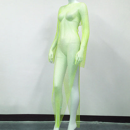 Women's Rhinestone Fishnet Mesh Sexy Slit Fishnet Dress