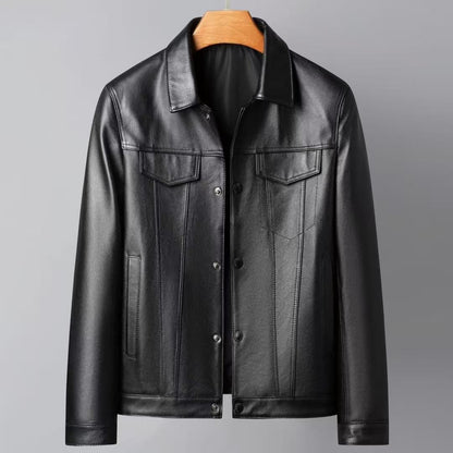 Men's First Layer Cowhide Spring And Autumn New Polo Collar Leather Jacket