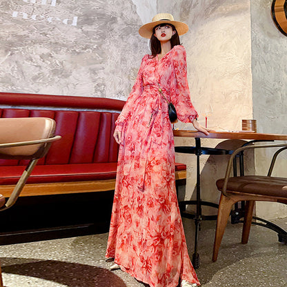 Floral V-neck Pure Desire Split Long Sleeve Dress