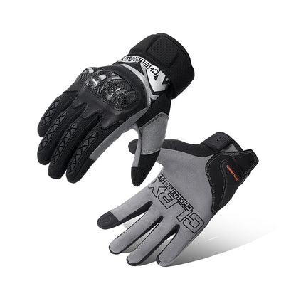 Motorcycle riding gloves made of carbon fiber.