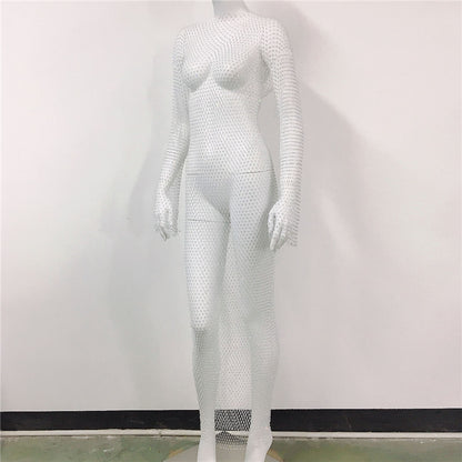 Women's Rhinestone Fishnet Mesh Sexy Slit Fishnet Dress