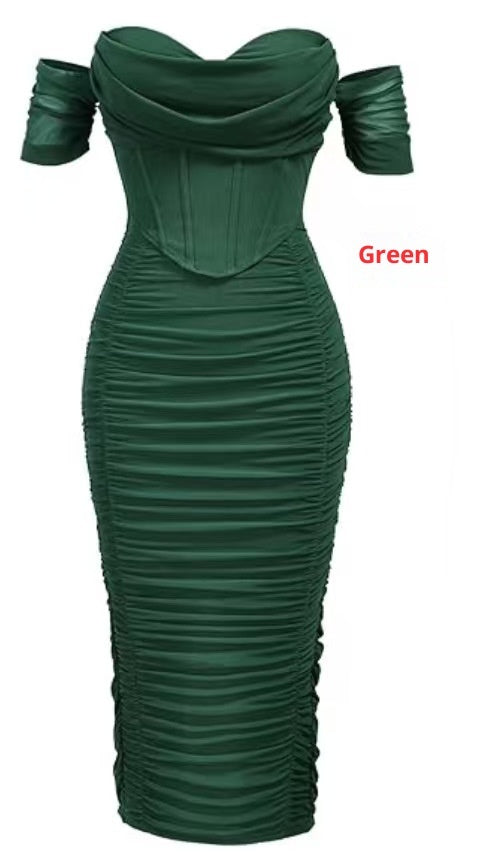Cold-shoulder Bodycon Corset Pleated Mid-length Dress