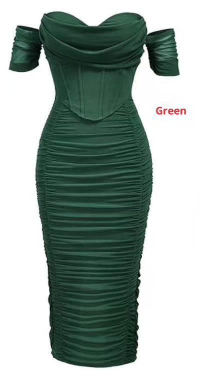 Cold-shoulder Bodycon Corset Pleated Mid-length Dress