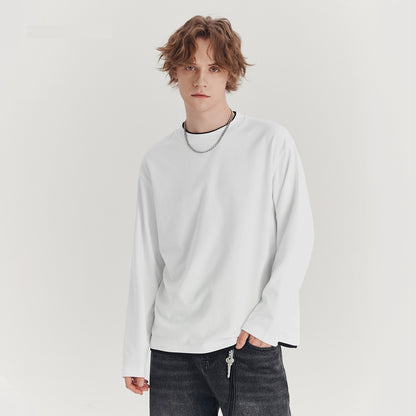 Men's Long-Sleeved Loose Round Neck Contrast Color T-Shirt
